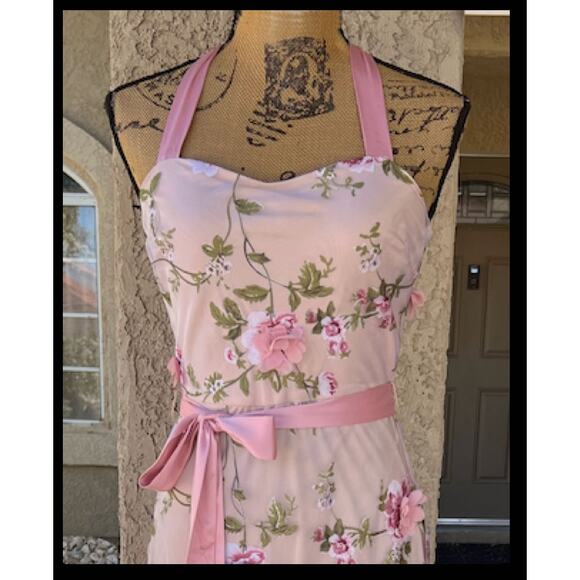 Lulus Pink Floral Applique Tie-Strap Midi Authentic Sweetness Dress Size S - Picture 2 of 12